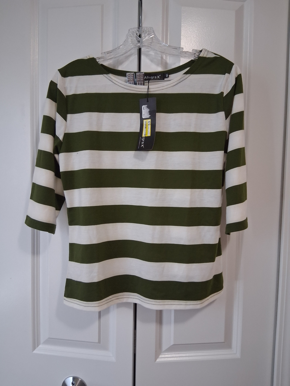 Allegra K Olive Green and White Striped Top